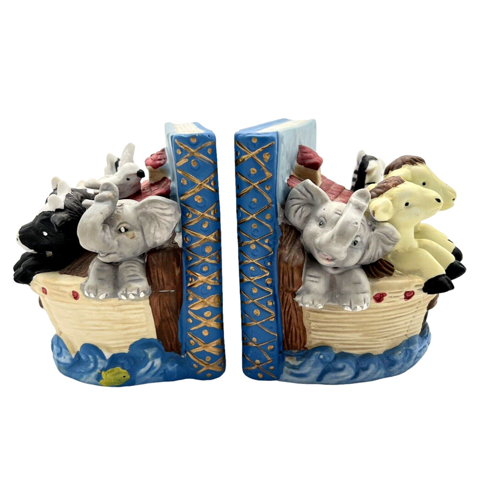 Noahs Ark Bookends Hand Painted Ceramic Childrens Books Bible Character Story